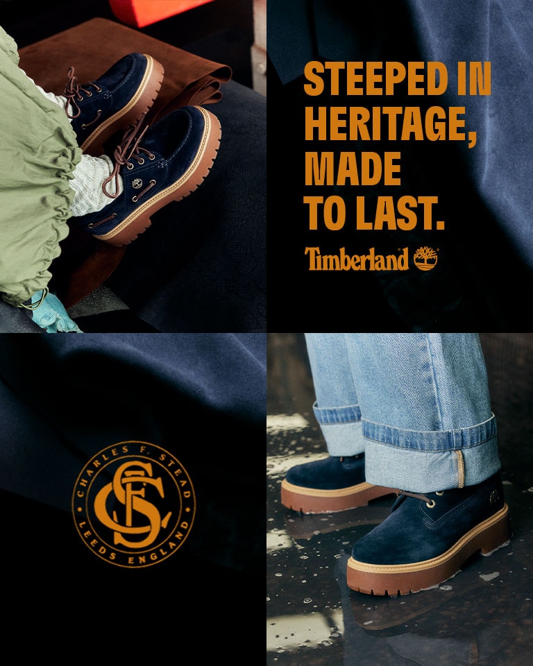 Image collage showing two closeups of people from the ankle down wearing jeans and dark blue boots from the Timberland Indigo Suede collection, both standing outside on asphalt on a rainy day. A logo from the C.F. Stead leather tannery is also featured.